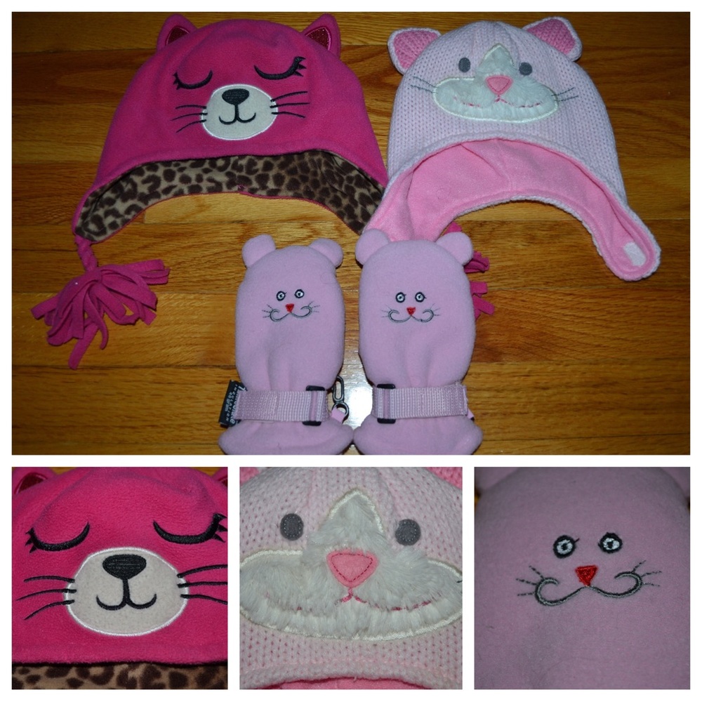Toddler girls winter cat-themed hats and gloves